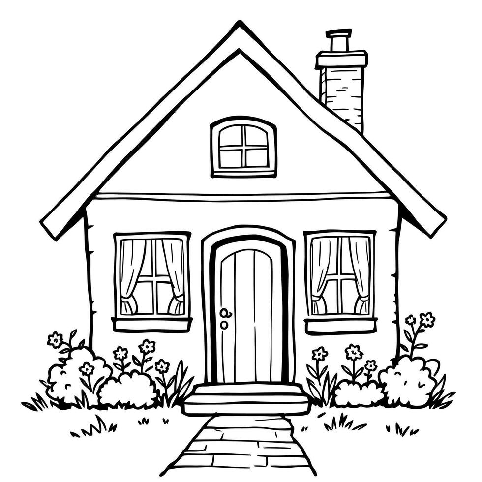 Simple Cartoon House with Flower Garden Line Art Coloring Page for Kids Easy Drawing vector