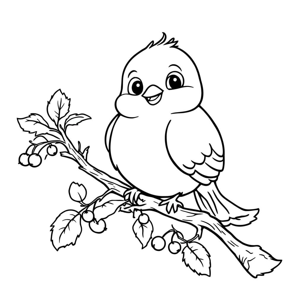 Cute Little Bird Sitting on a Branch with Berries Adorable Cartoon Coloring Page Line Art vector