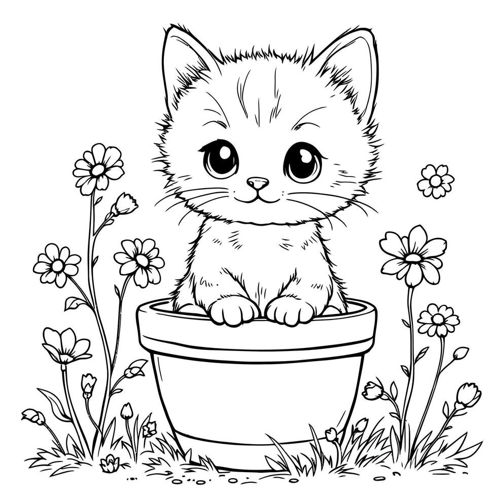 Adorable Fluffy Kitten Sitting in a Flower Pot Surrounded by Delicate Blossoms vector
