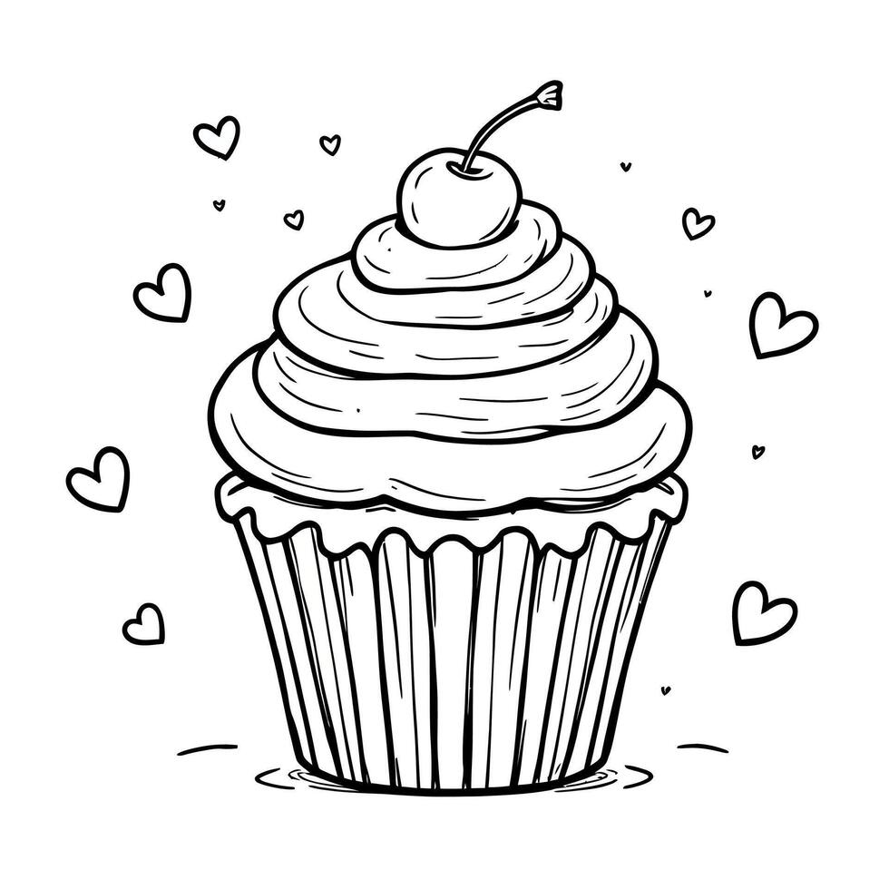 Delicious Vanilla Cupcake with Cherry and Hearts Line Art Coloring Page vector