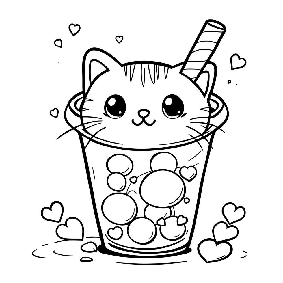 Adorable Kawaii Cat Bubble Tea Coloring Page for Kids and Adults vector