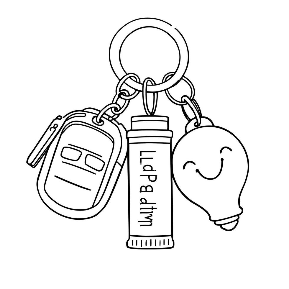 Cute Smiling Light Bulb and Car Fob Keychain Line Art Coloring Page vector