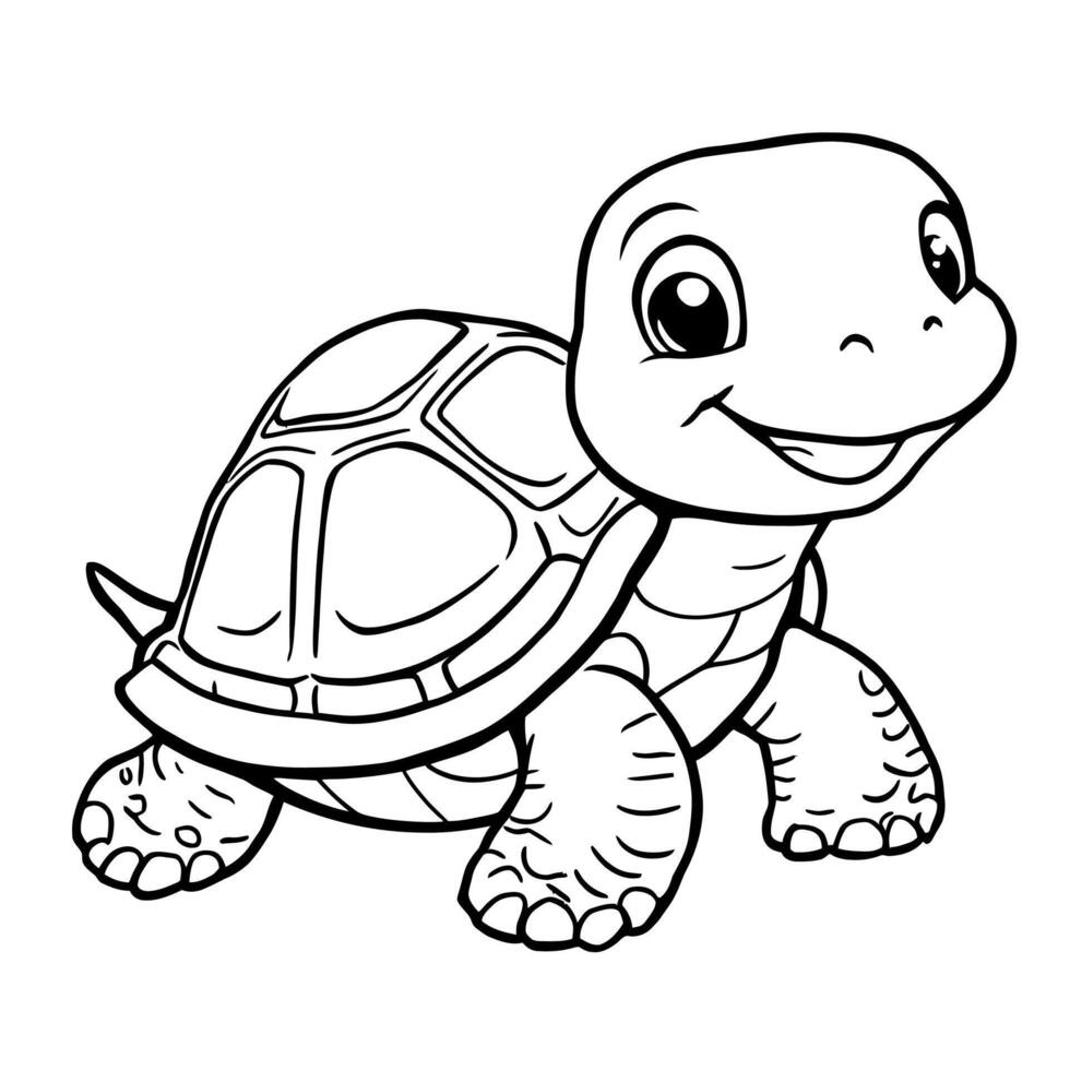 Adorable Cute Baby Turtle Smiling and Walking in a Simple Line Art Style for Coloring Fun vector
