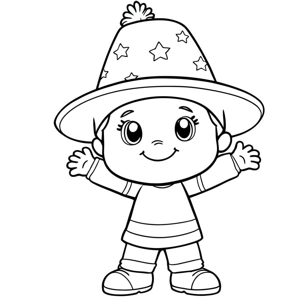 Whimsical Child Wearing a Starry Wizard Hat Coloring Page Line Art Illustration for Kids vector