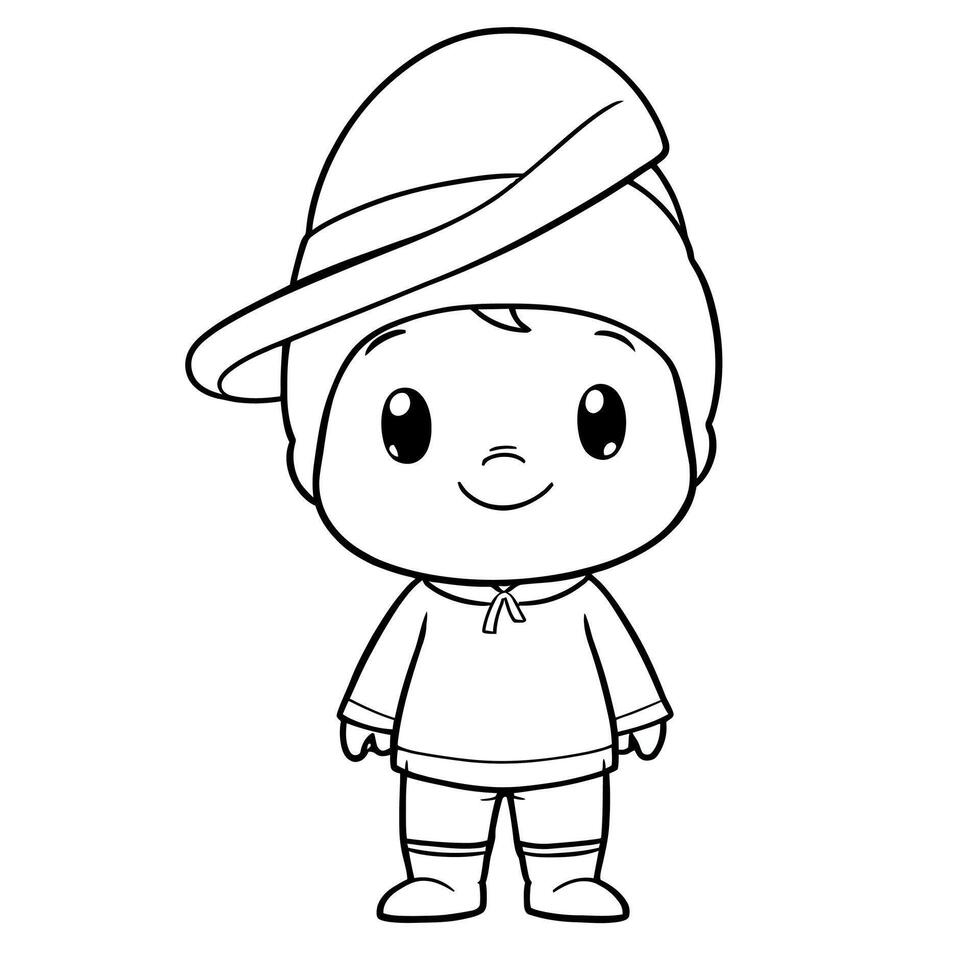 Cute Chibi Boy Wearing a Funny Hat and Clothes Coloring Page Art for Kids vector