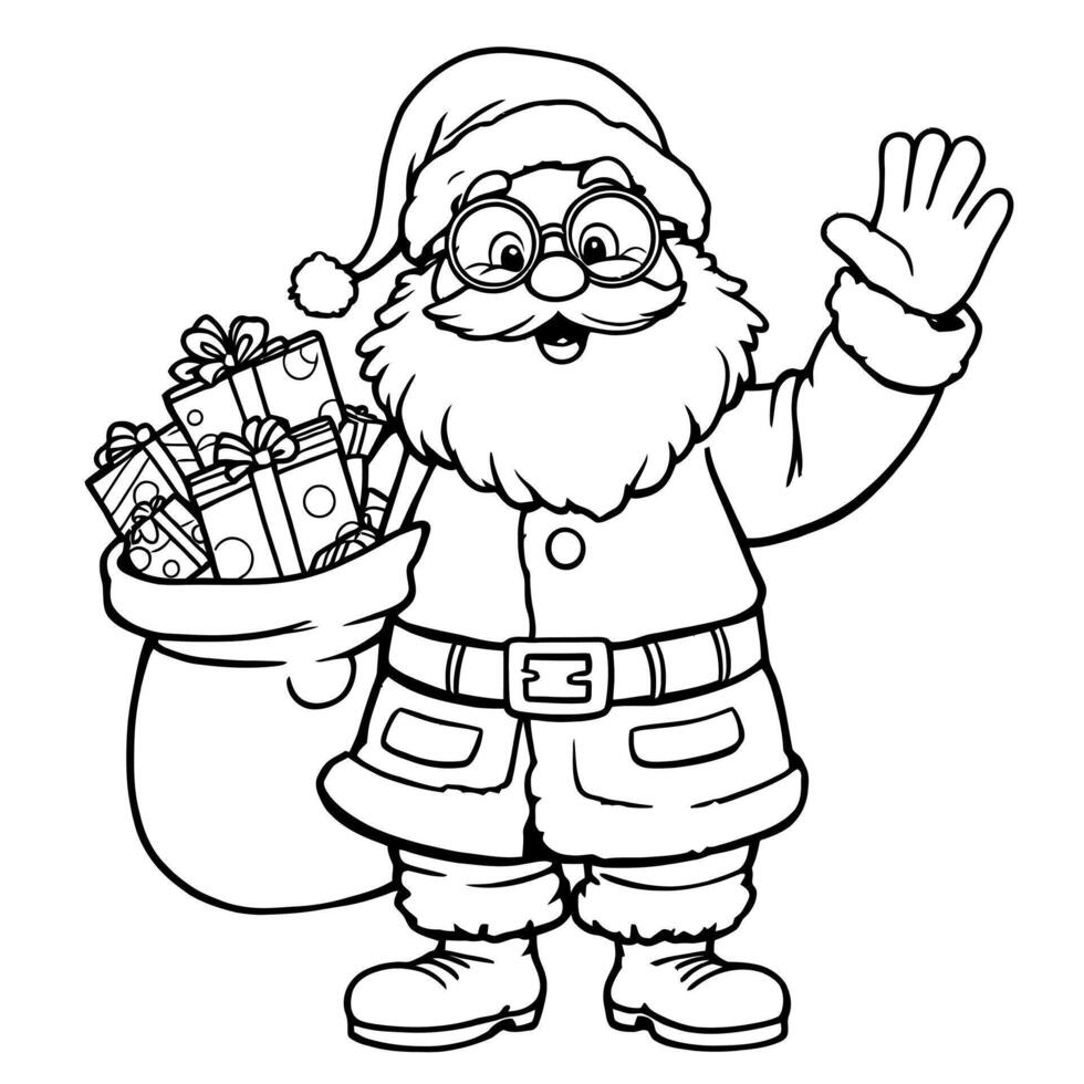 Joyful Santa Claus Waving Friendly with a Bag Full of Gifts for Christmas Coloring Page vector