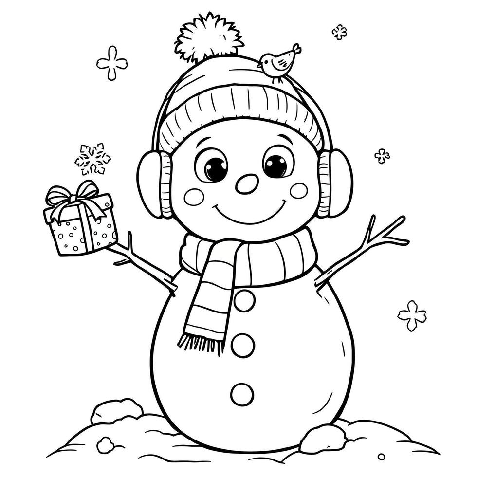 Adorable Snowman Character Wearing Hat Scarf and Ear Muffs Holding a Christmas Gift vector