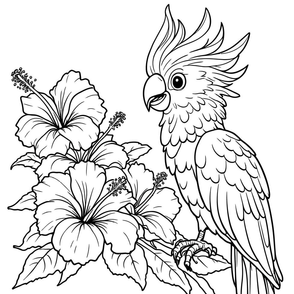 A Cute Cockatoo Bird Perched on a Branch with Beautiful Hibiscus Flowers Line Art Coloring Page vector