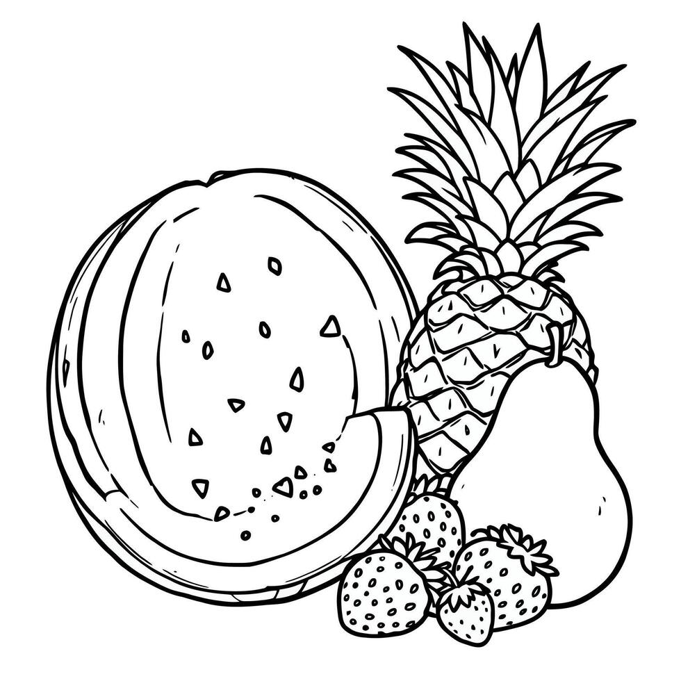 Delicious Fruits Variety Coloring Page for Kids and Adults Easy Fun Summer vector