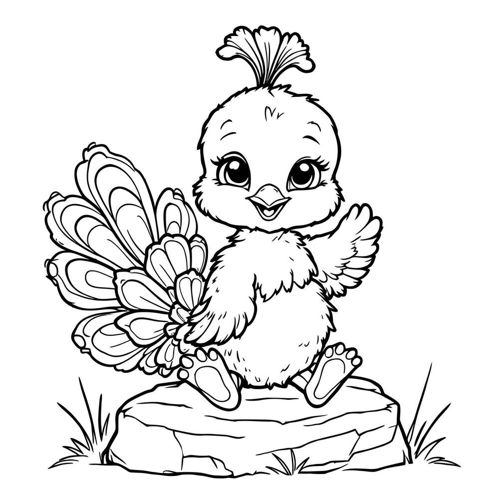 Cute Baby Peacock Sitting on a Rock Cartoon Art for Coloring vector
