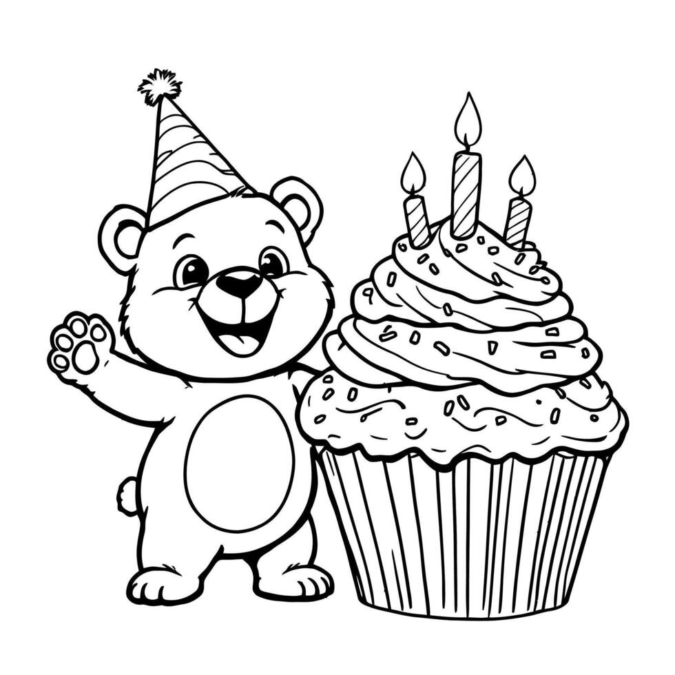 Adorable Cartoon Bear Wearing a Party Hat Beside a Giant Cupcake with Candles for Birthday Celebration Line Art Coloring Page vector