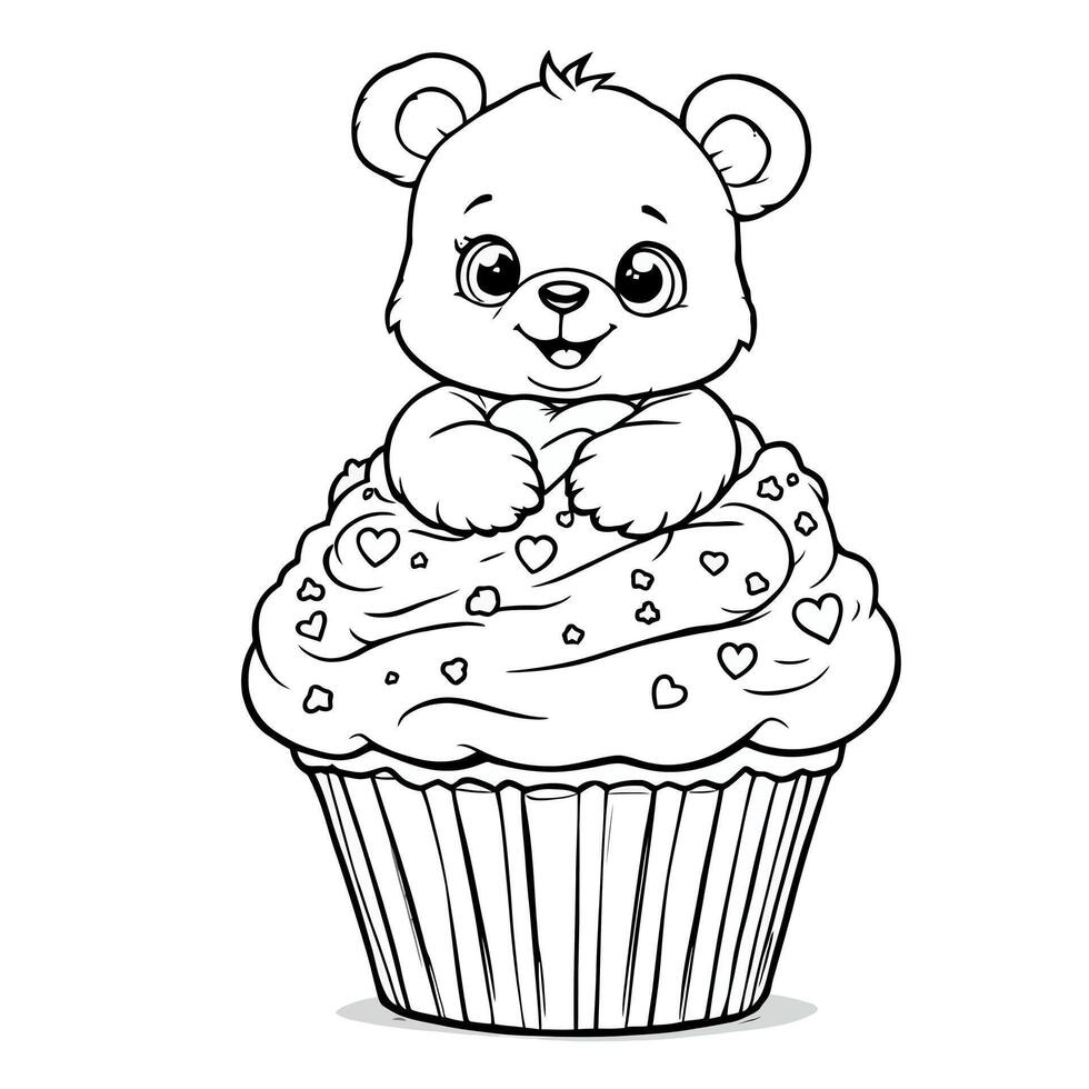 Cute Teddy Bear Sitting on a Delicious Cupcake with Hearts and Sprinkles Coloring Page for Kids vector