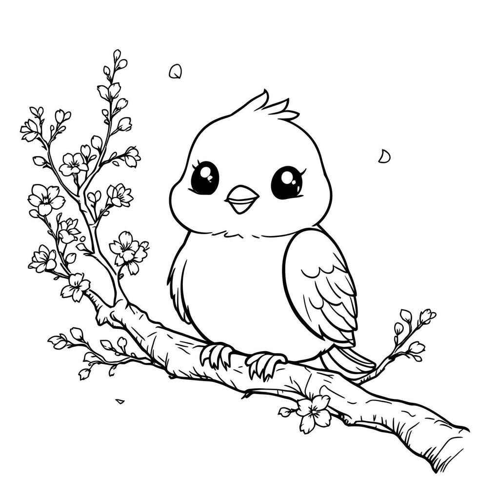 Adorable Kawaii Baby Bird Perched on a Delicate Flowering Branch for Coloring Fun vector