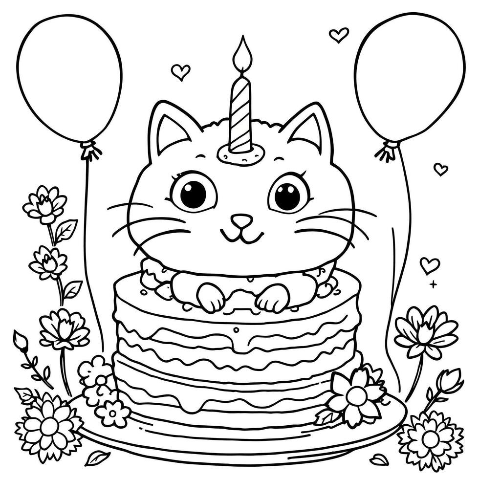 Cute Unicorn Cat Birthday Cake with Balloons and Flowers Line Art Coloring Page vector