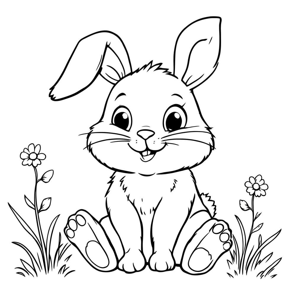 Adorable Easter Bunny Sitting in a Field of Flowers Line Art Coloring Page for Kids vector
