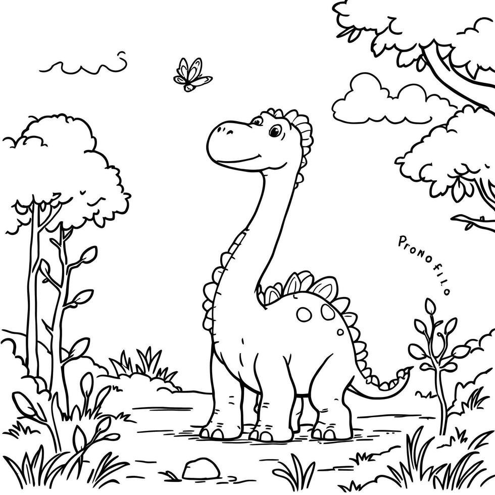 Cute Cartoon Dinosaur with Big Eyes and Spiky Back Standing in a Lush Forest Scene vector