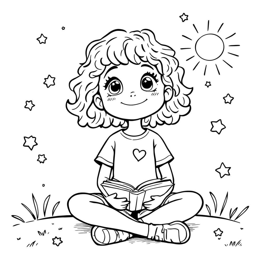 A young girl with curly hair sits cross-legged in a grassy field reading a book under a bright shining sun with stars scattered around her vector
