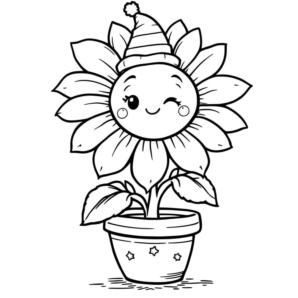 Cute Cartoon Sunflower with a Christmas Hat Winking in a Potted Plant Line Art for Coloring Pages vector