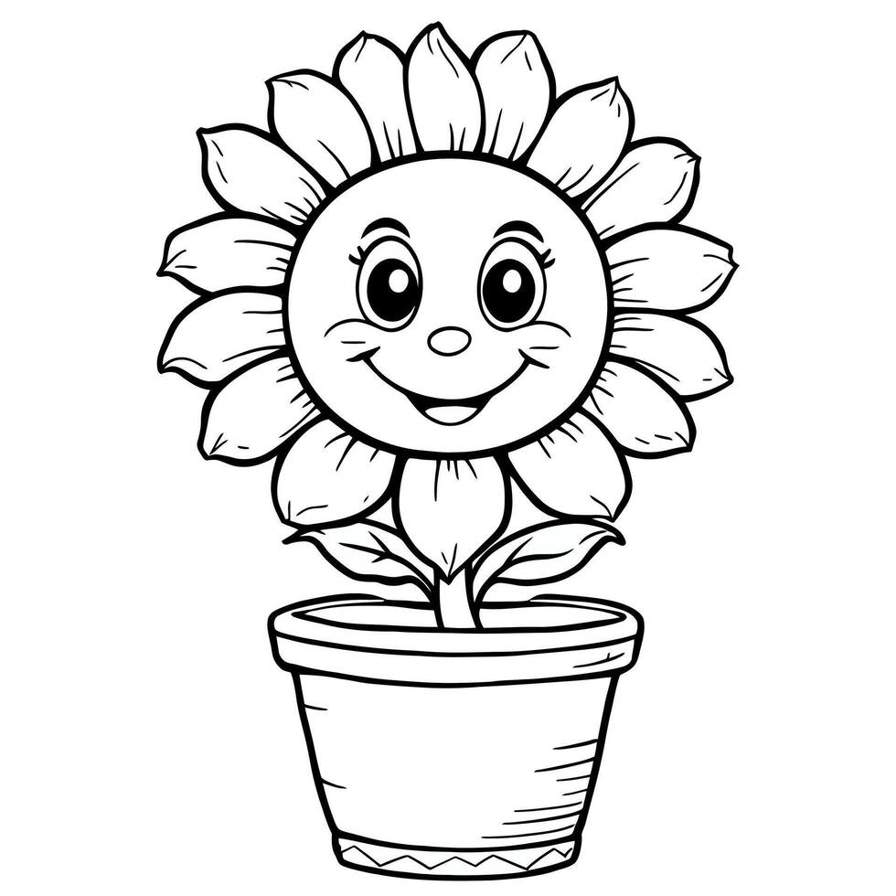 Happy Cartoon Sunflower in a Pot Line Art Coloring Page For Kids vector