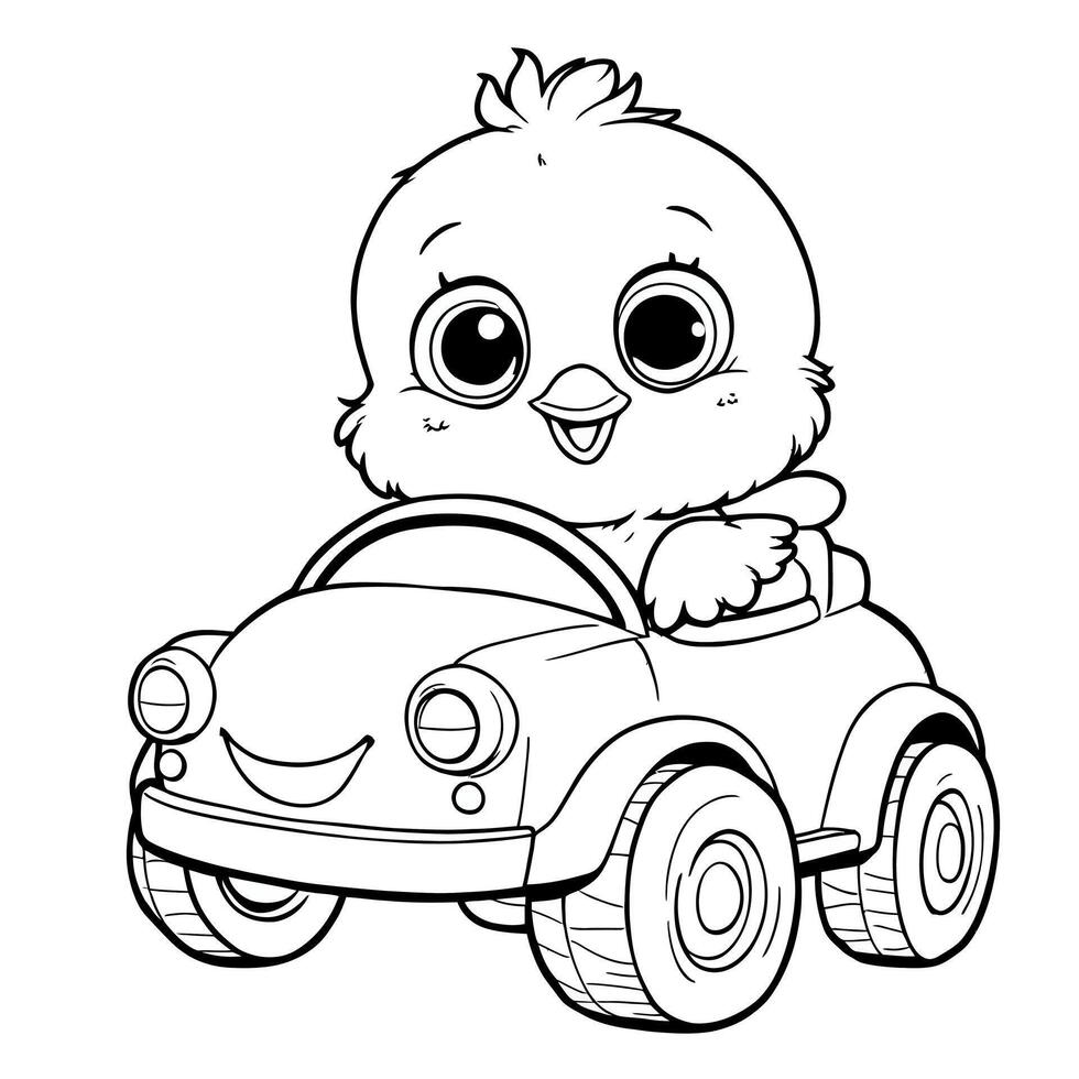 Adorable Baby Chick Driving a Fun Cartoon Car with Big Eyes and a Big Smile vector