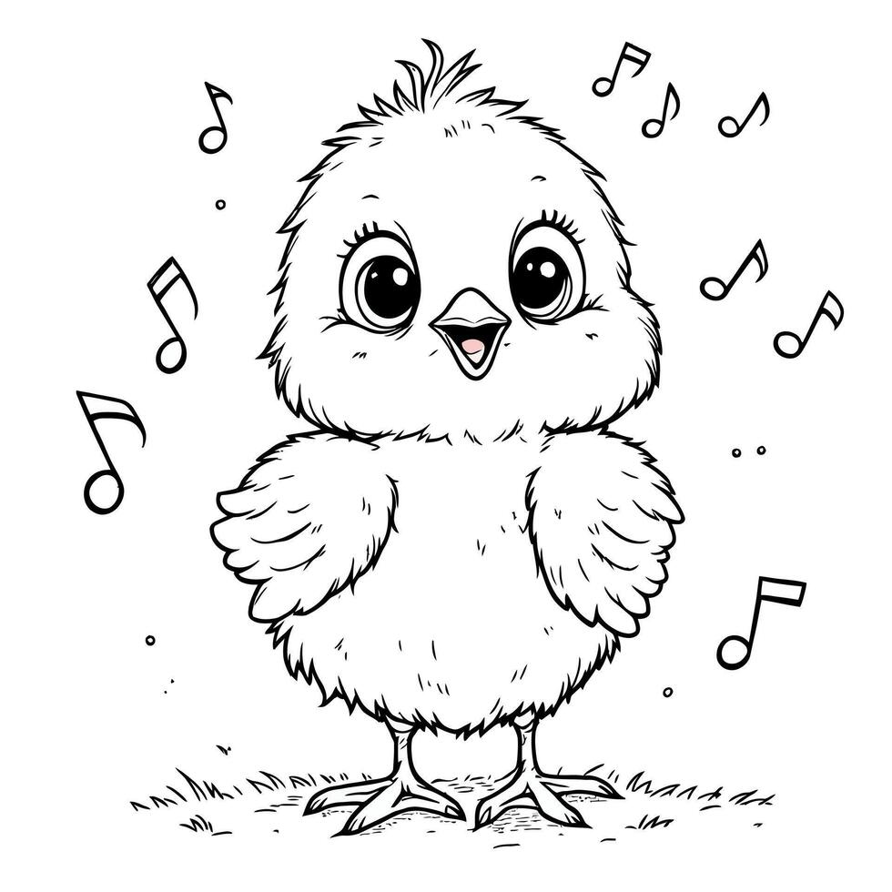 Cute Fluffy Chick Singing a Happy Song surrounded by Musical Notes vector