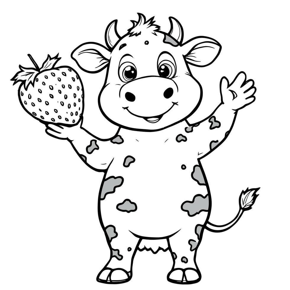 Cute Cartoon Baby Cow Holding a Large Strawberry Outline for Coloring Book Fun vector