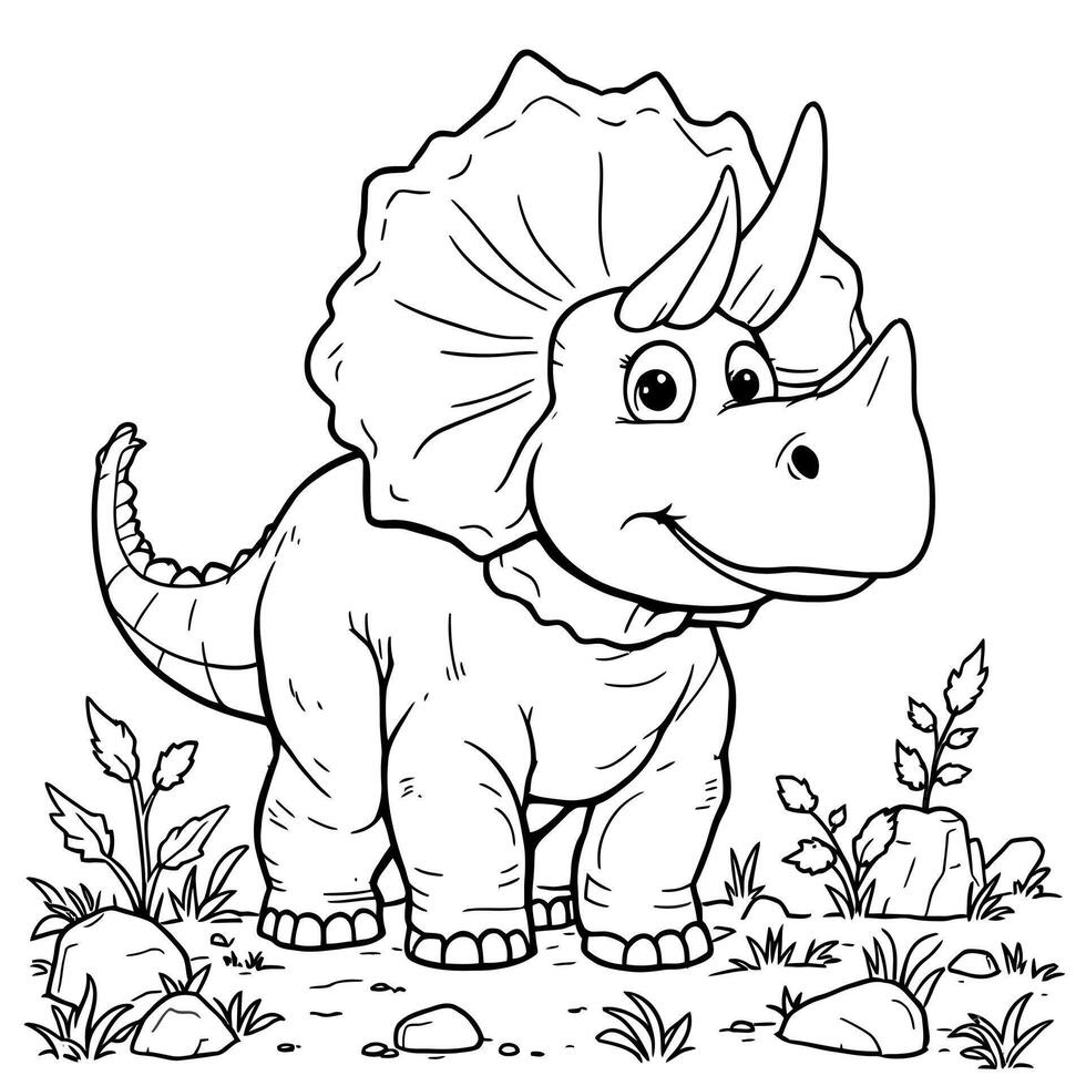 Cute Cartoon Triceratops Dinosaur Coloring Page Art for Kids and Adults vector
