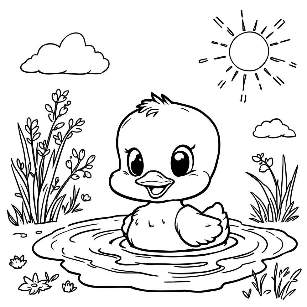 Adorable Baby Duck Swimming in a Pond on a Sunny Day Coloring Page Art vector