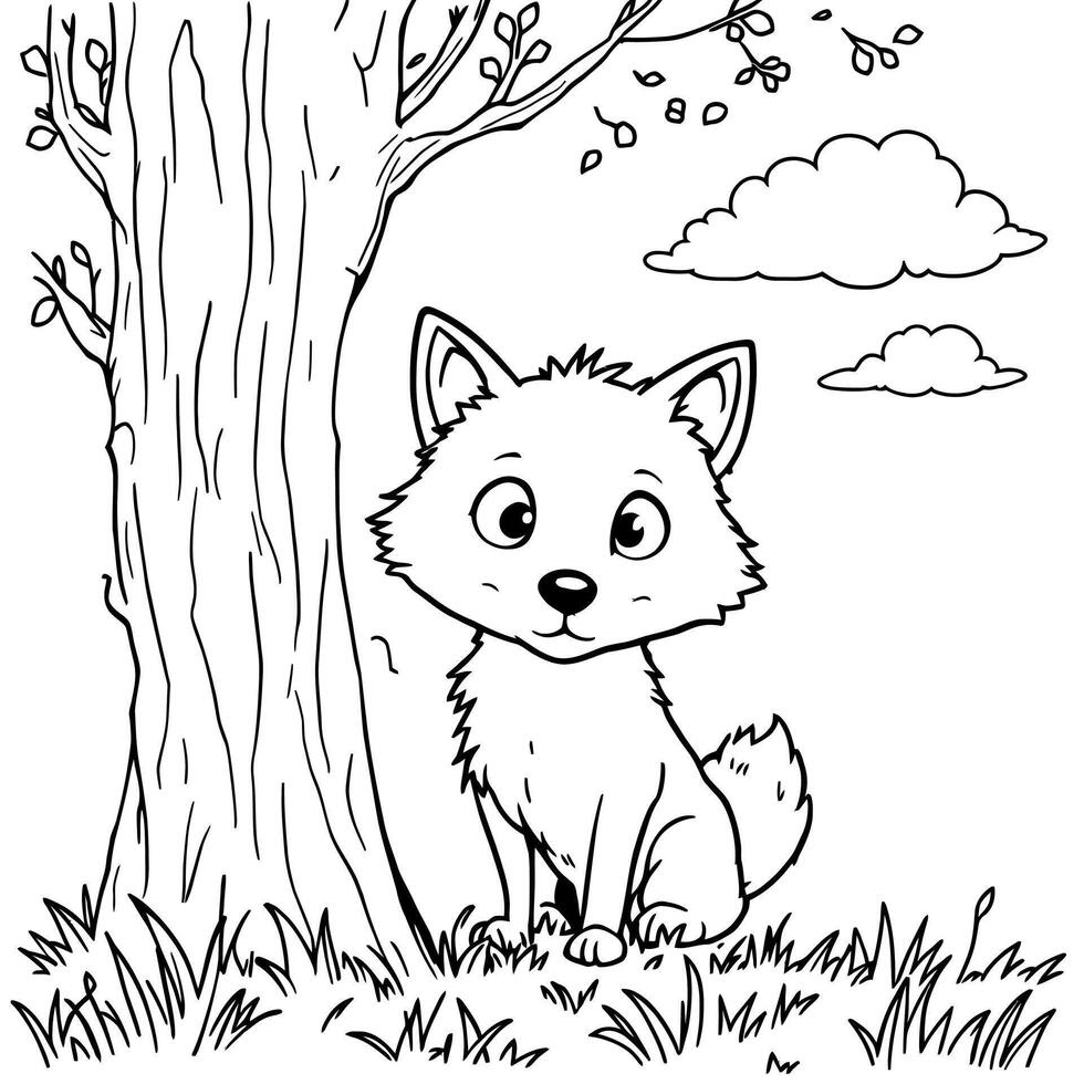 Cute fluffy little wolf hiding behind a tree trunk with grassy ground and cloudy sky line art coloring page vector