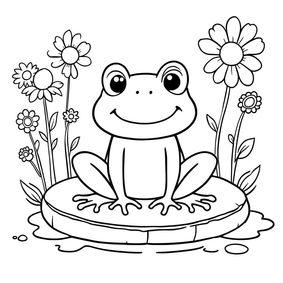 Cute Frog Sitting on a Lily Pad Surrounded by Flowers Fun Line Art Coloring Page for Kids vector
