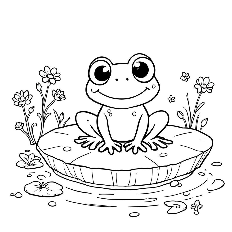 Cute happy cartoon frog sitting on lily pad surrounded by flowers and water lily in pond line art coloring page vector