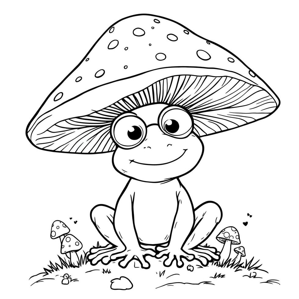 Charming Frog Wearing Glasses Under a Mushroom Hat on a Sunny Day with Tiny Mushrooms Around For Coloring vector