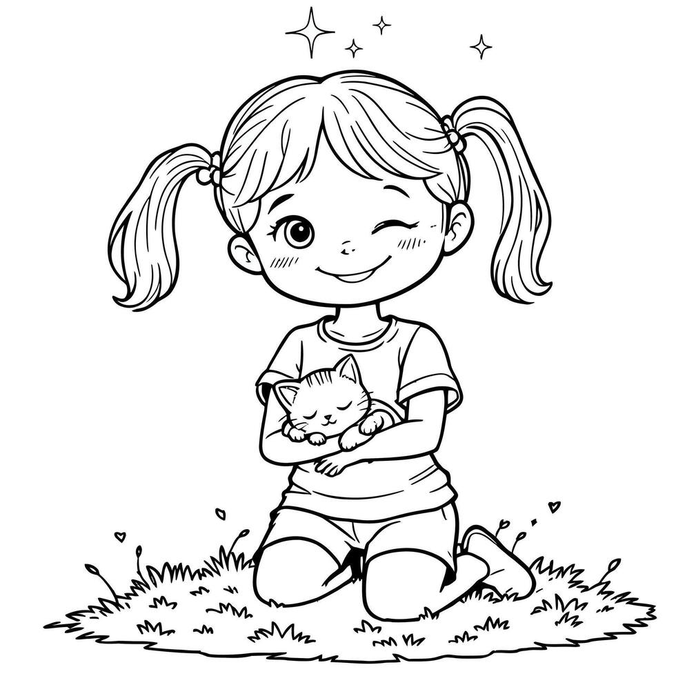Cute Little Girl Hugging Her Adorable Kitten Outdoors on a Sunny Day Line Art vector