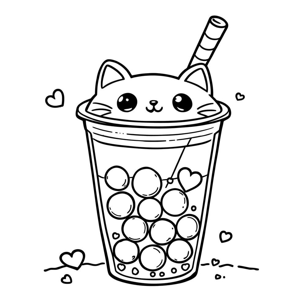 Cute Kawaii Cat Bubble Tea Coloring Page Fun for Kids and Adults Easy Line Art Design vector