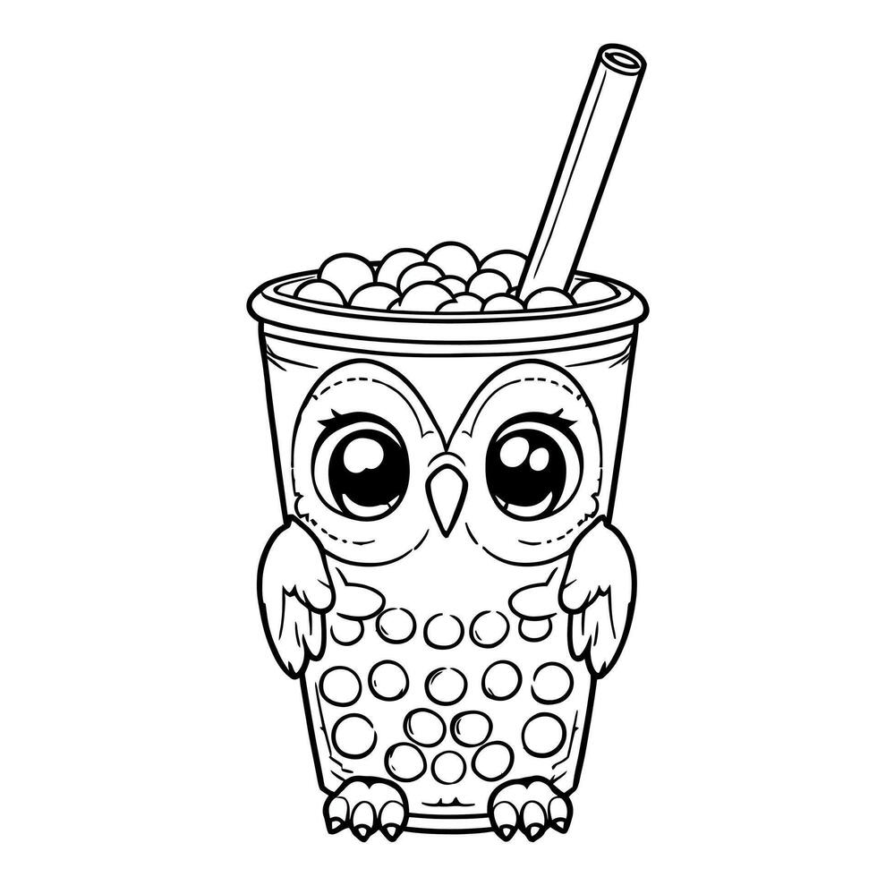 Cute Kawaii Owl Bubble Tea Coloring Page Line Art Illustration for Kids and Adults vector