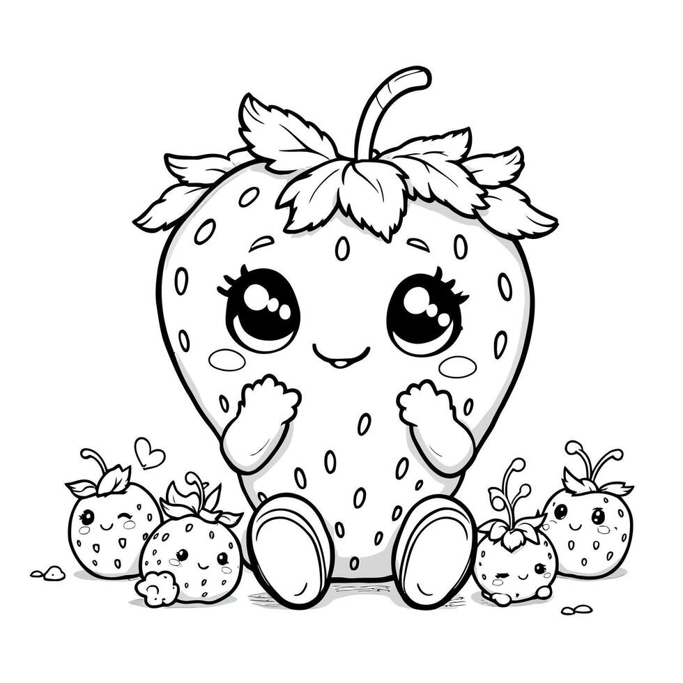 Adorable Kawaii Strawberry Friends Sitting Together Cute Fruit Characters Coloring Book Page Design vector