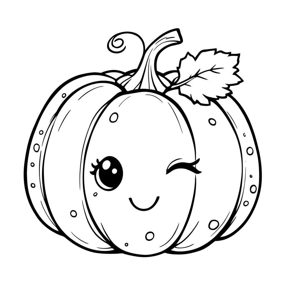 Cute Winking Pumpkin with Leaf and Curly Stem for Fall Autumn Coloring vector