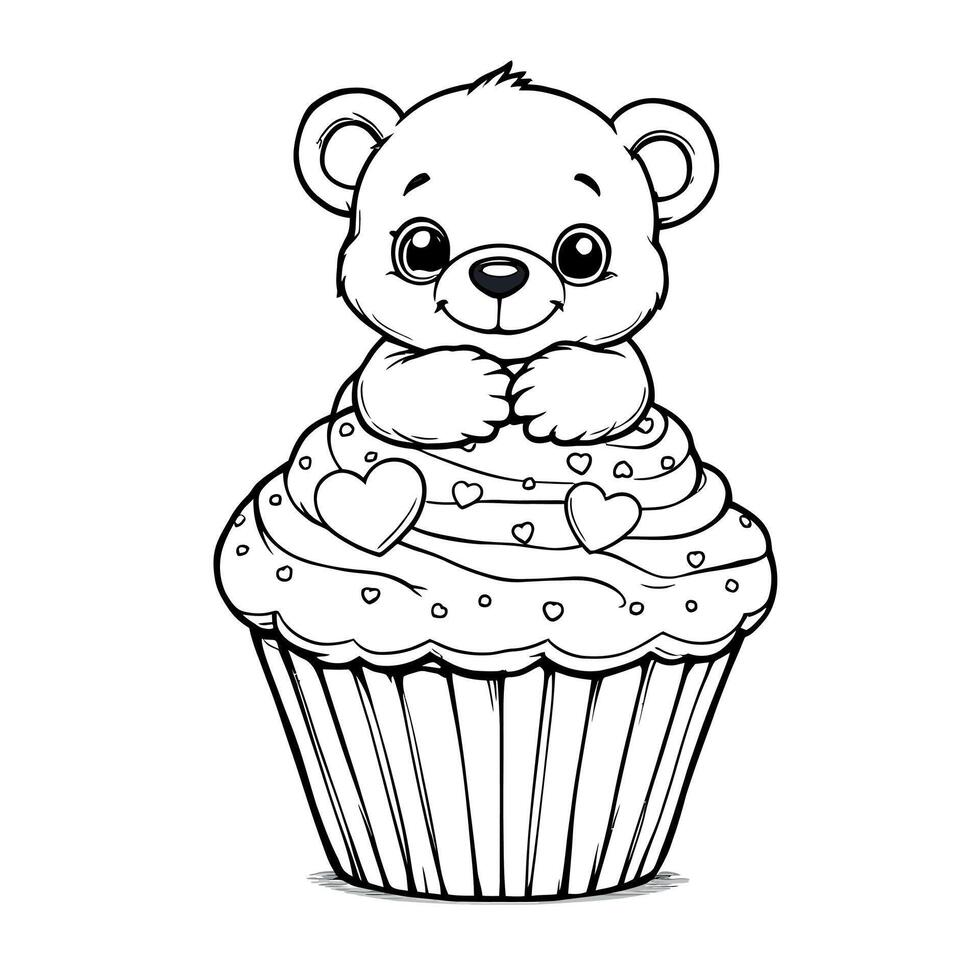 Adorable Teddy Bear Sitting on a Delicious Cupcake with Hearts and Swirls Line Art Coloring Page vector