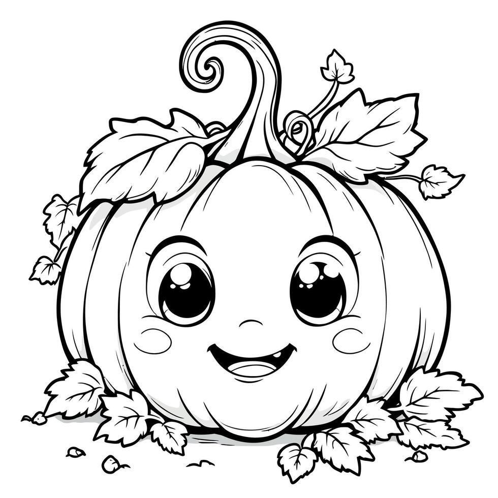 Cute Happy Cartoon Pumpkin with Big Eyes and Leaves for Halloween Coloring Page Design vector