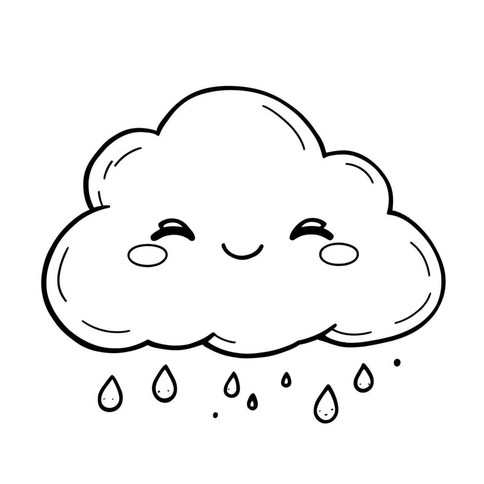 Adorable Cute Kawaii Happy Smiling Cloud with Raindrops Easy Drawing for Coloring Book Pages Fun Activity vector