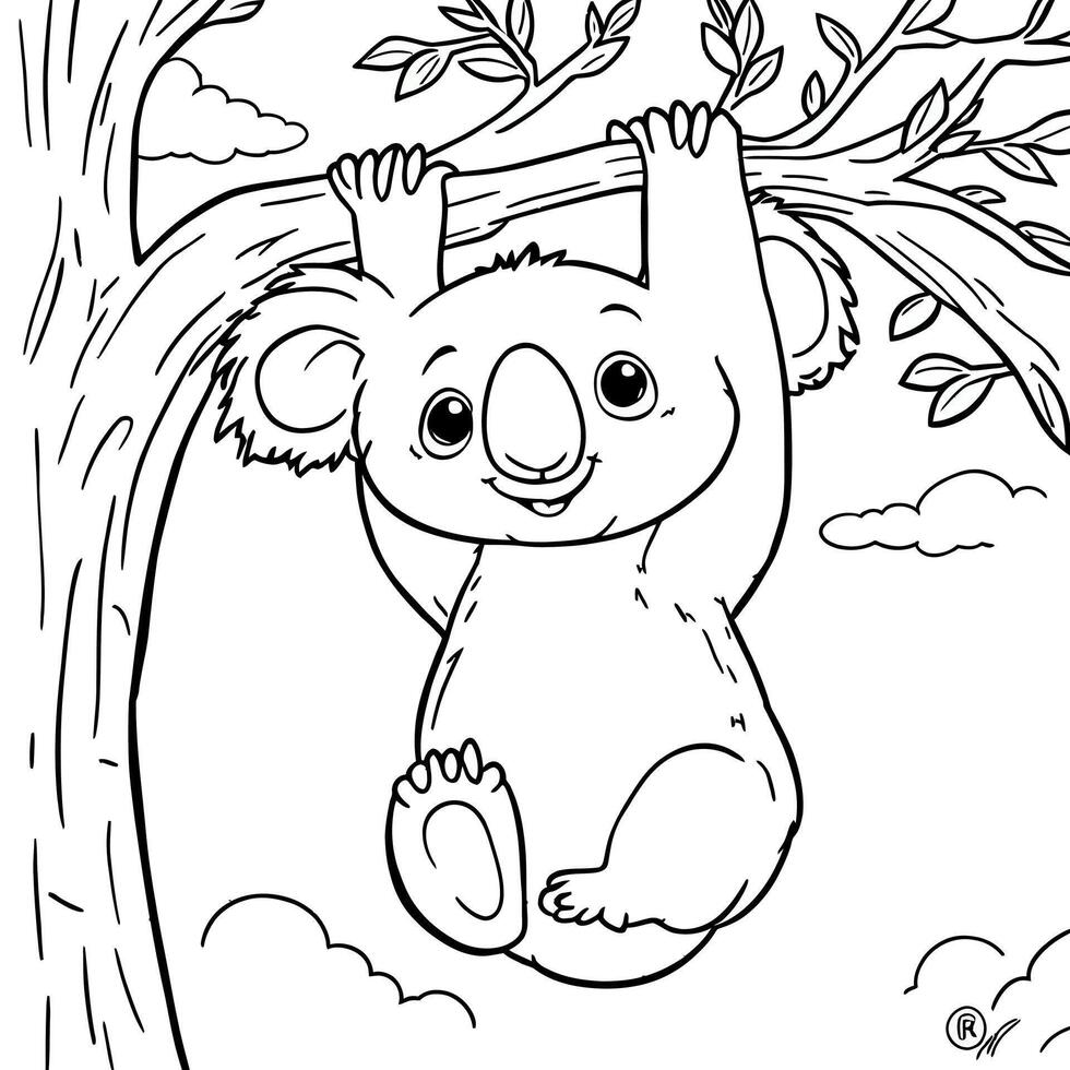 Adorable Koala Hanging From Tree Branch in Forest Coloring Page Line Art vector