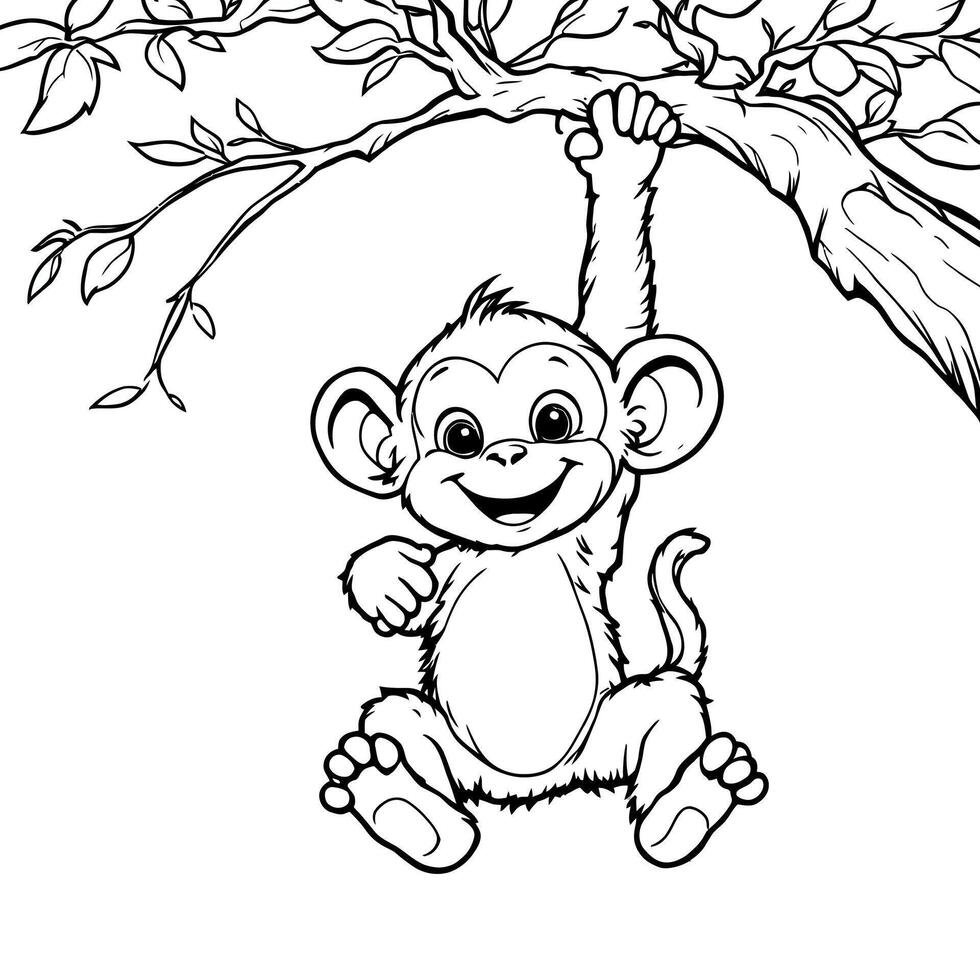 Adorable Baby Monkey Swinging From a Tree Branch With Leaves Outline Drawing for Coloring Fun vector