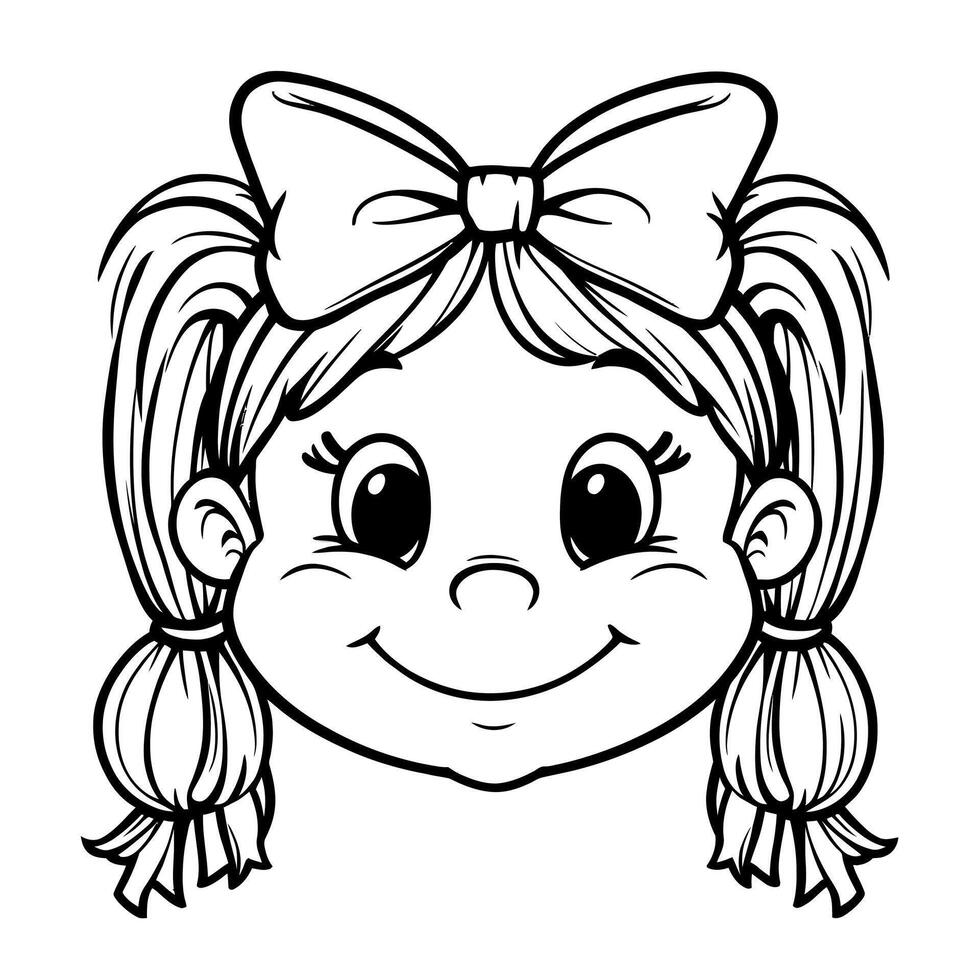 Charming Girl with Pigtails and Bow Coloring Page for Kids Line Art vector
