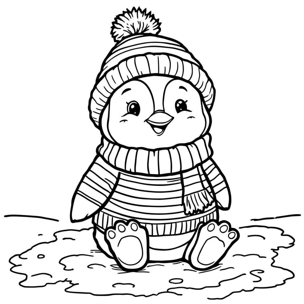 Adorable Little Penguin Wearing a Striped Hat and Scarf Sitting in the Snow Fun Winter Activity Coloring Page vector