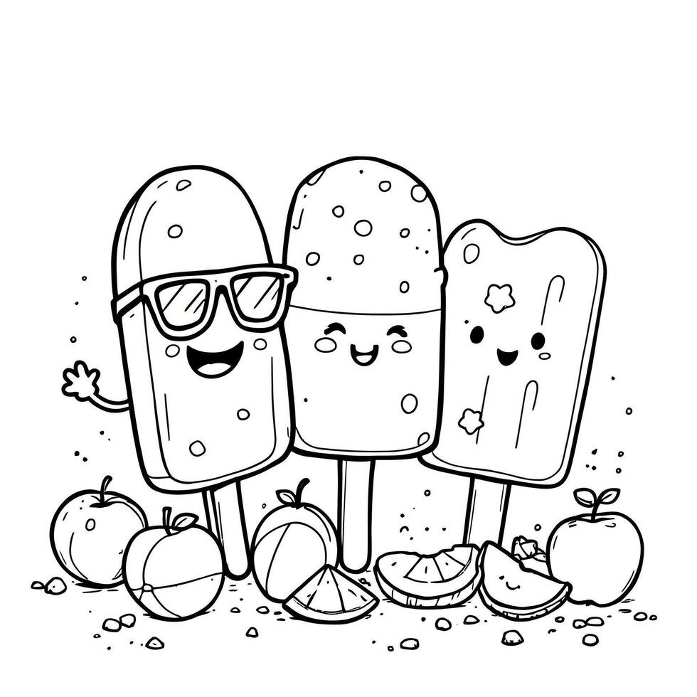 Adorable Kawaii Popsicle Characters Enjoying a Sunny Summer Day with Fresh Fruit and Fun Details vector