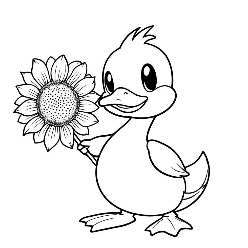 Adorable Baby Duck Holding a Large Sunflower Line Art Coloring Page for Kids and Adults vector