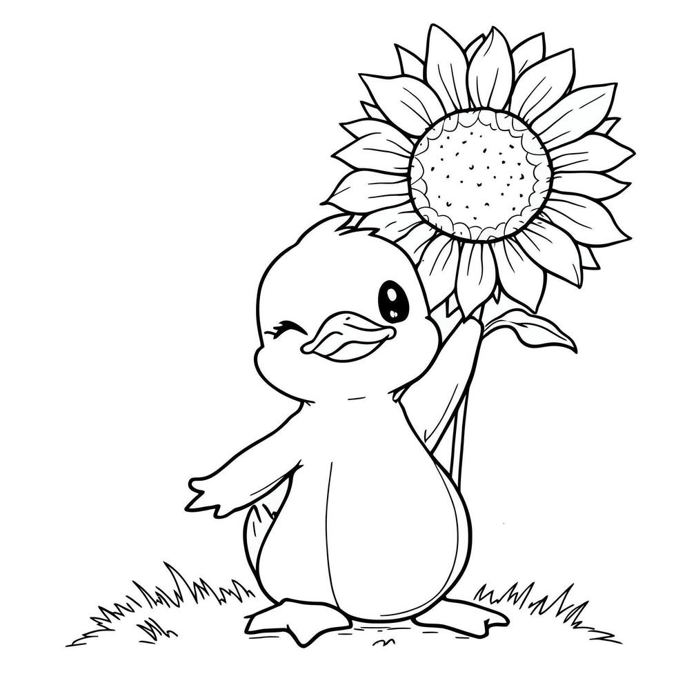 Cute Baby Duckling Holding a Large Sunflower in a Charming Line Art Drawing for Coloring Fun vector