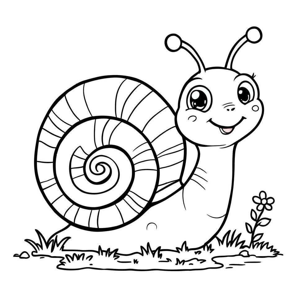 Cute Smiling Snail with Swirly Shell on Grassy Ground Next to a Small Flower Line Art Coloring Page vector