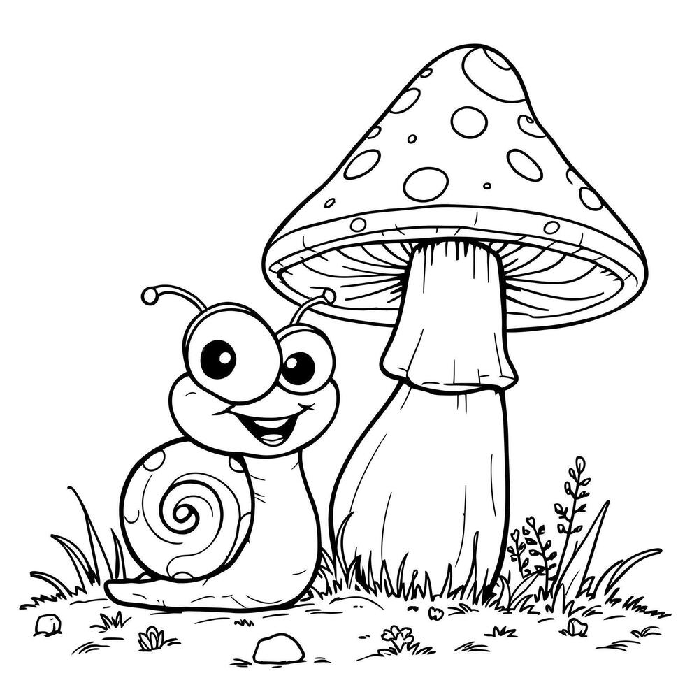 Cute Cartoon Snail Resting Under a Spotted Mushroom in a Grassy Field for Coloring vector