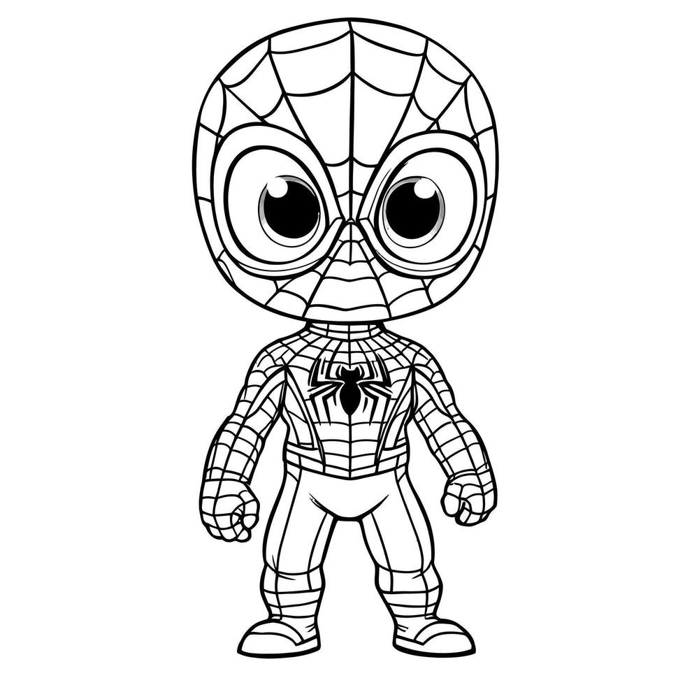 Cute Chibi Spider Hero Cartoon Character Outline Drawing for Coloring Book Pages vector